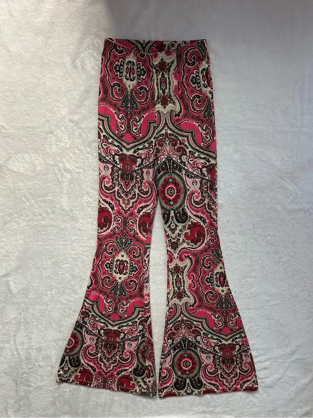Free People Boho Harper Printed Pull On High Rise Flare Pants Hot Pink Combo XS